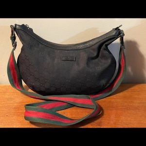 Gucci GG Black Canvas Leather Messenger Bag with Web Strap